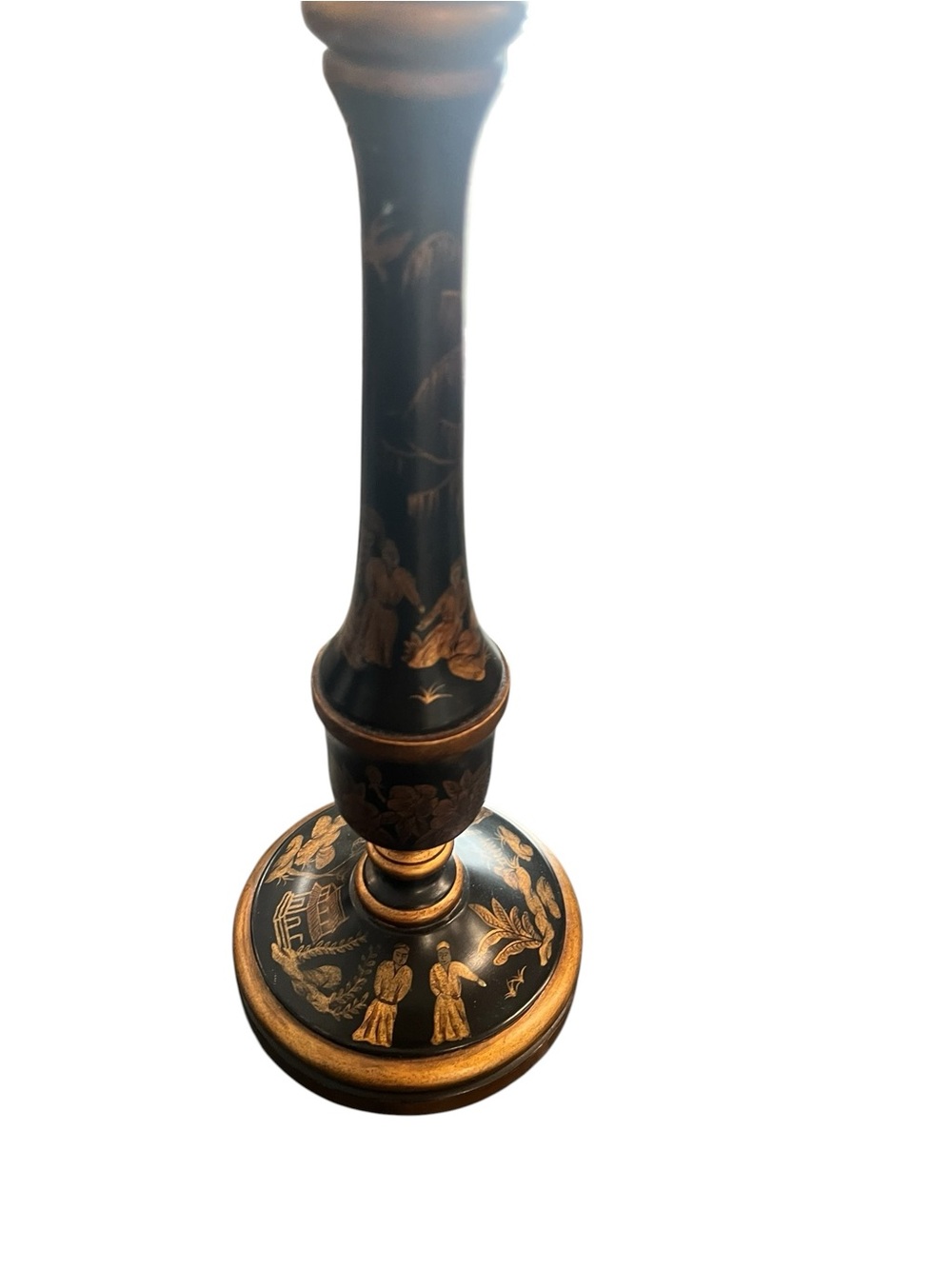 Chinoiserie Black Gold Tole Candlestick Lamp Vintage Hand Painted - Picture 13 of 16